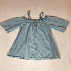 New Glory Off The Shoulder Boho Smocked Peasant Chambray Blue Button Blouse 1X